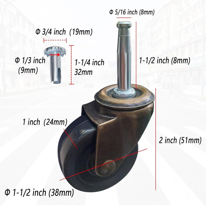 BAISASY 1-1/2 Inch Antique Caster Wheels, Furniture Casters 5/16 Inch x 1-1/2 Inch (8 x 38mm) Casters for Furniture Sofa Chair Cabinet Set of 4 - Image 2